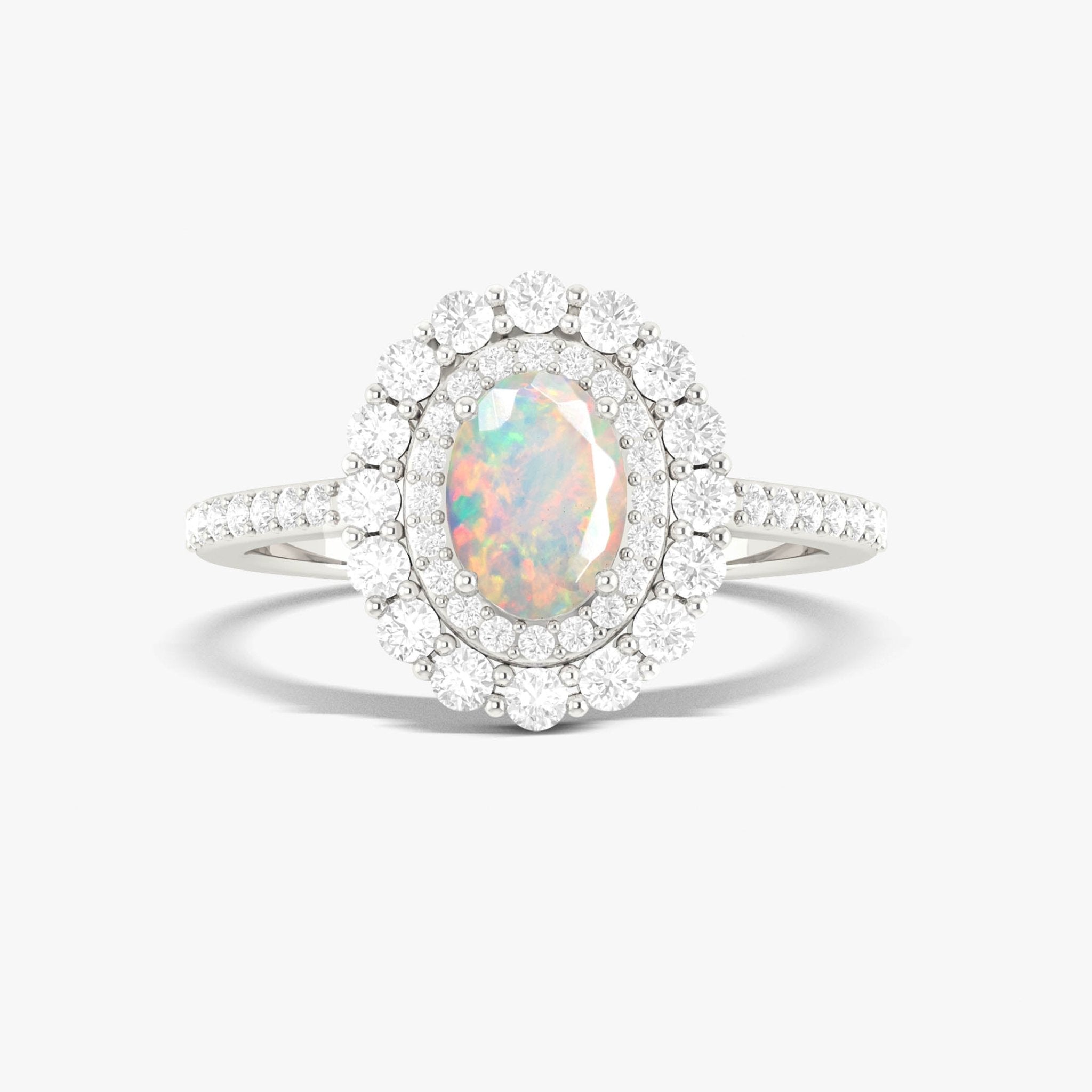 Oval Shape Natural White Opal Double Halo Wedding Ring - Goodstone Jewels