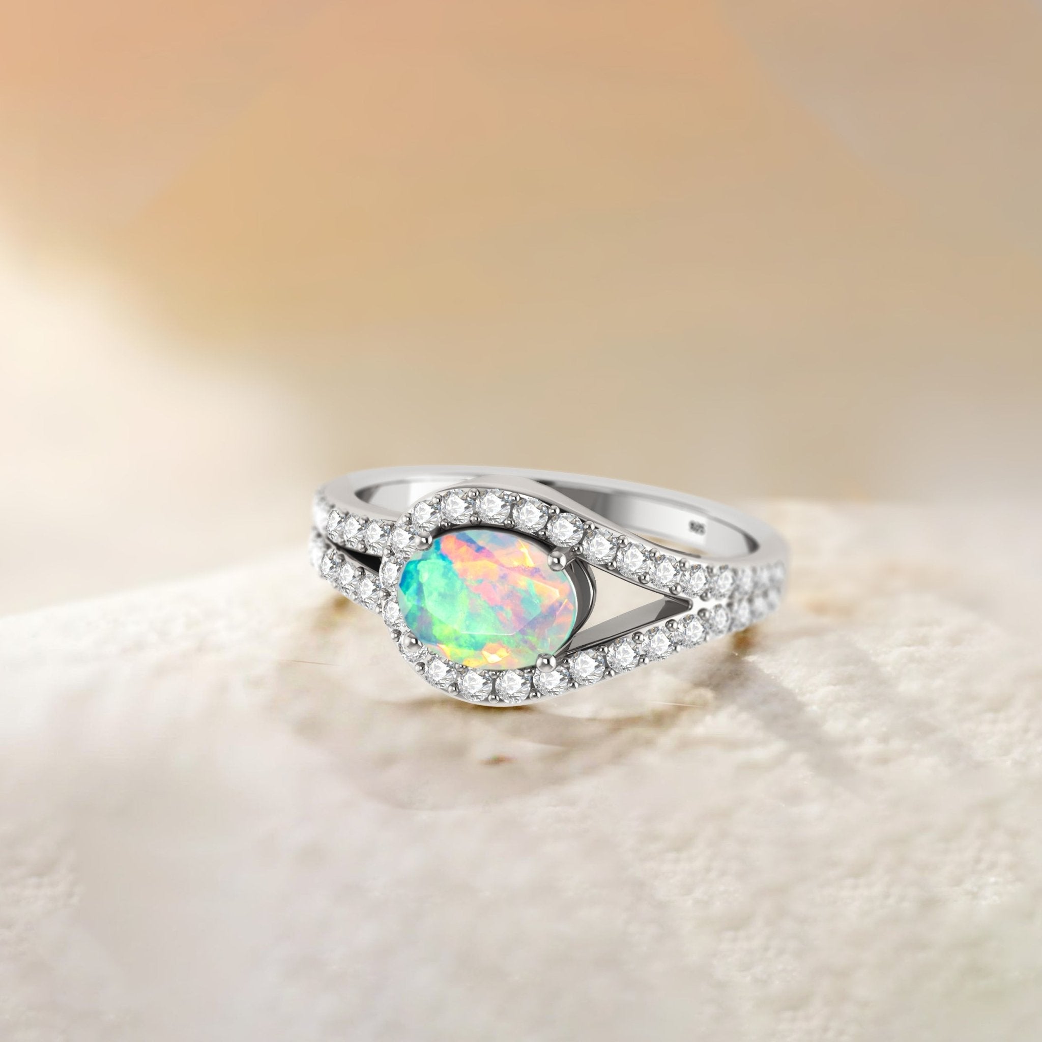 Oval Shape Natural White Opal Engagement Ring in Silver - Goodstone Jewels