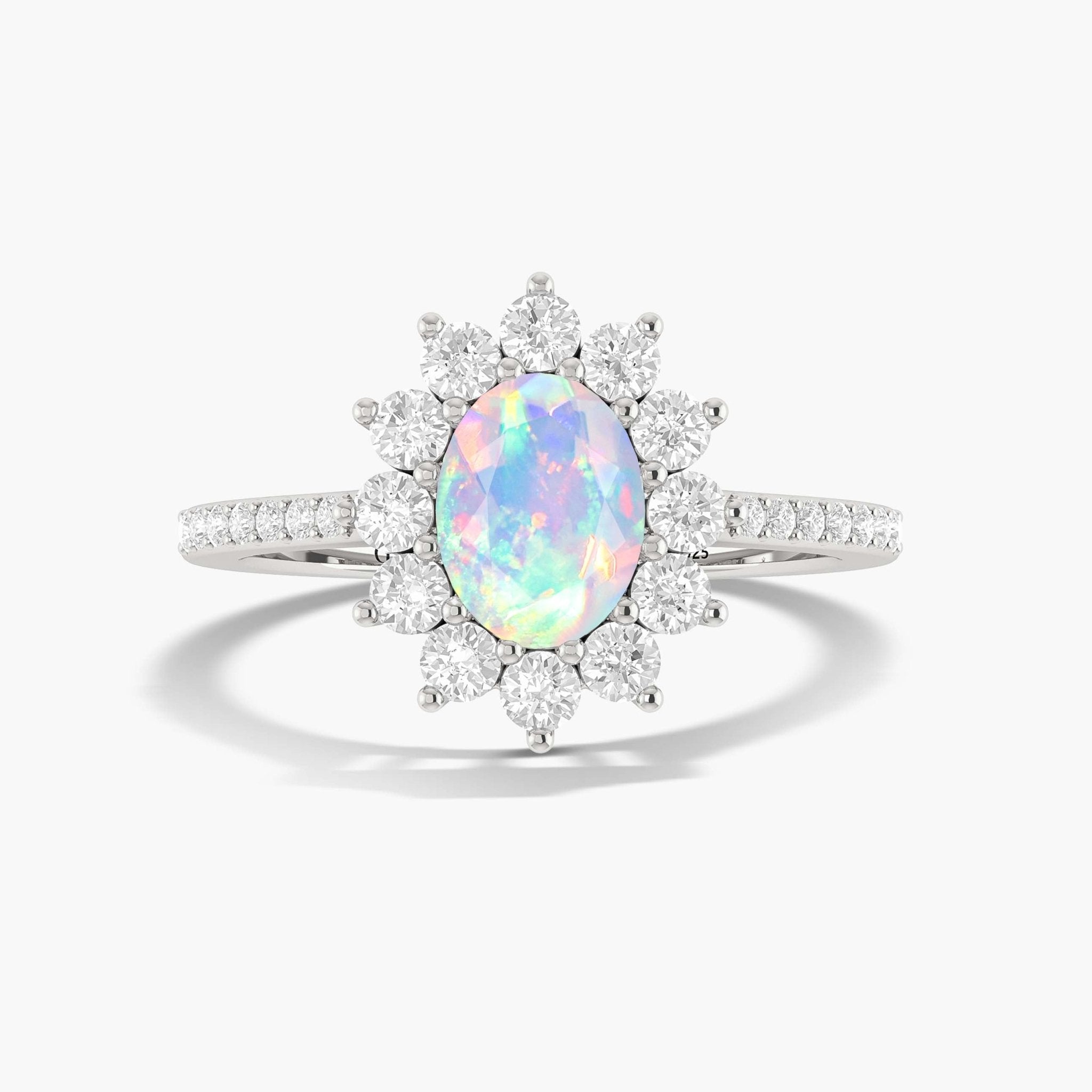 Oval Shape Natural White Opal Floral Style Halo Ring - Goodstone Jewels