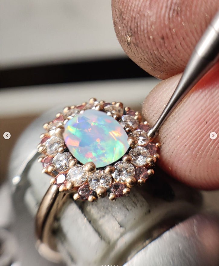 Oval Shape Natural White Opal Floral Style Halo Ring - Goodstone Jewels