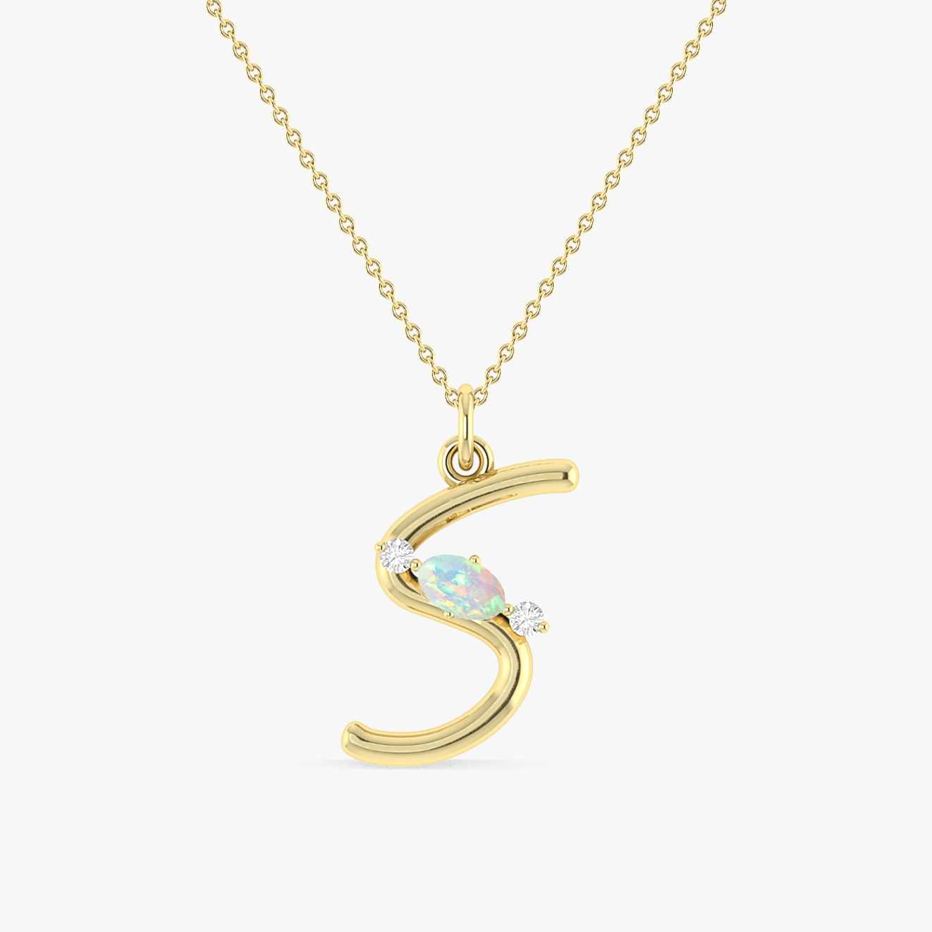 Oval Shape Natural White Opal 'S' Initial Alphabet Pendant Necklace - Goodstone Jewels
