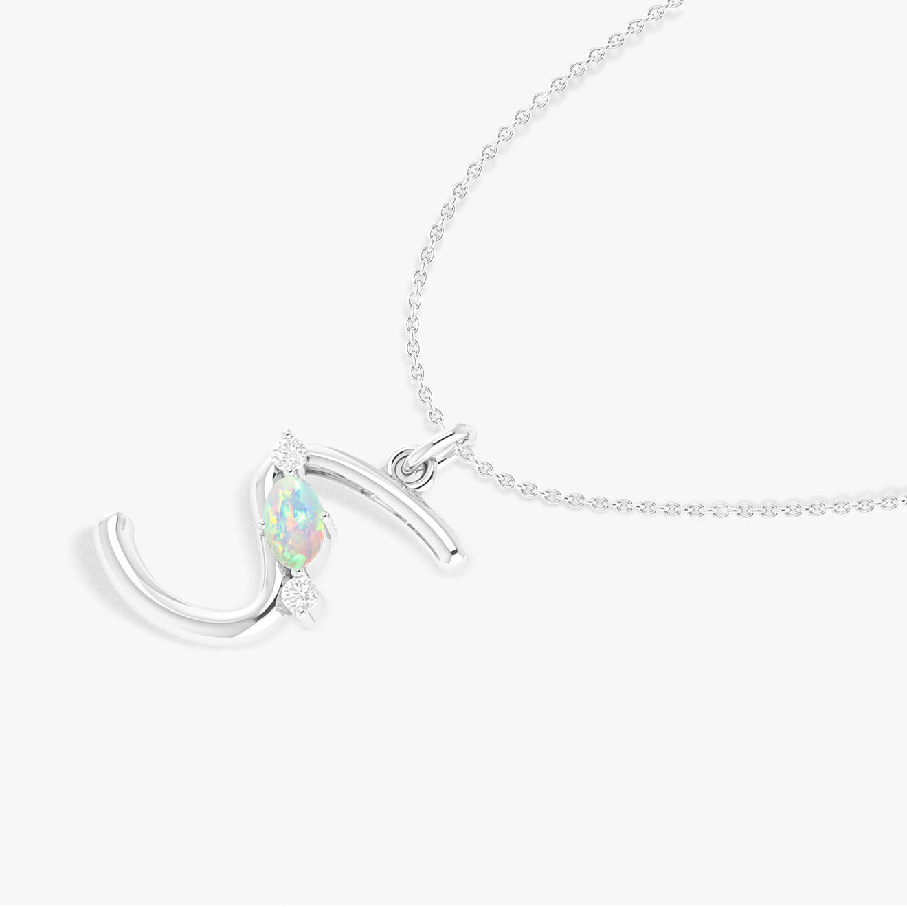 Oval Shape Natural White Opal 'S' Initial Alphabet Pendant Necklace - Goodstone Jewels