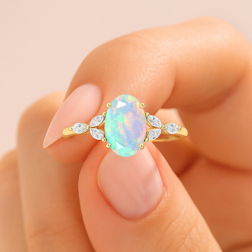 Oval Shape Natural White Opal Statement Ring in Silver & Yellow Gold Filled - Goodstone Jewels