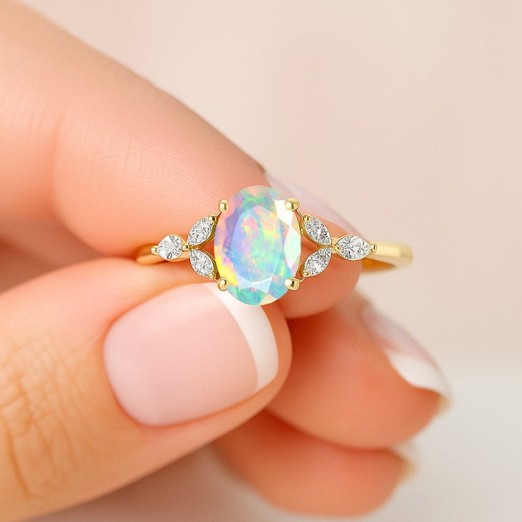 Oval Shape Natural White Opal Statement Ring in Silver & Yellow Gold Filled - Goodstone Jewels
