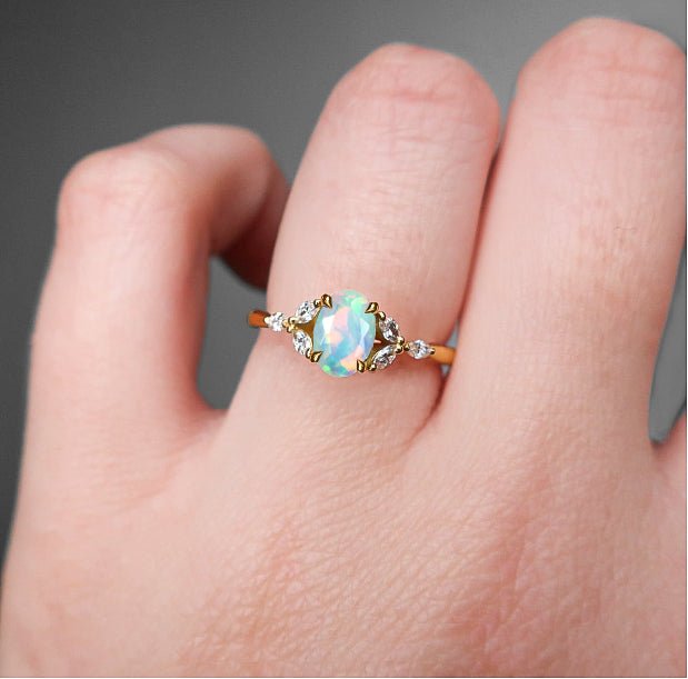 Oval Shape Natural White Opal Statement Ring in Silver & Yellow Gold Filled - Goodstone Jewels