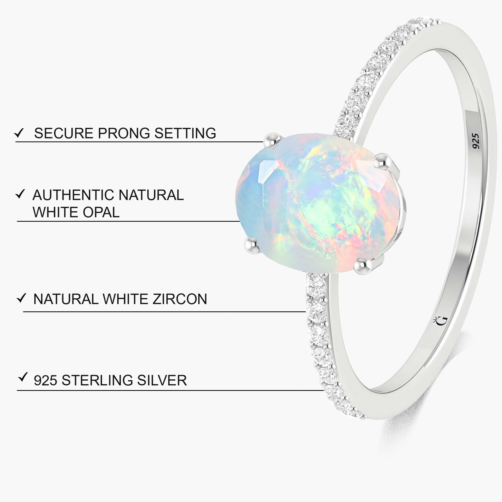 Oval Shape Natural White Opal with White Zircon Solitaire Wedding Ring - Goodstone Jewels