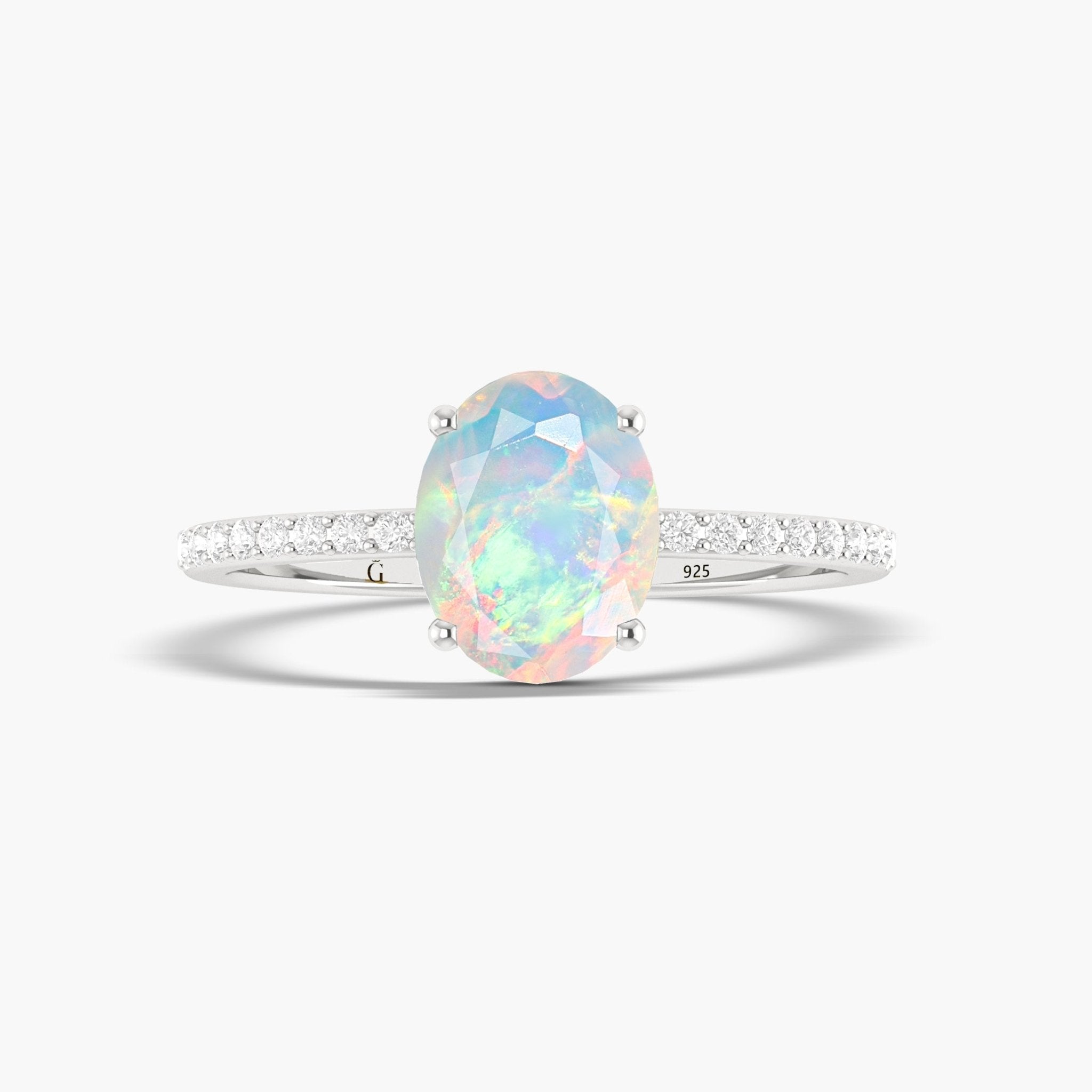 Oval Shape Natural White Opal with White Zircon Solitaire Wedding Ring - Goodstone Jewels