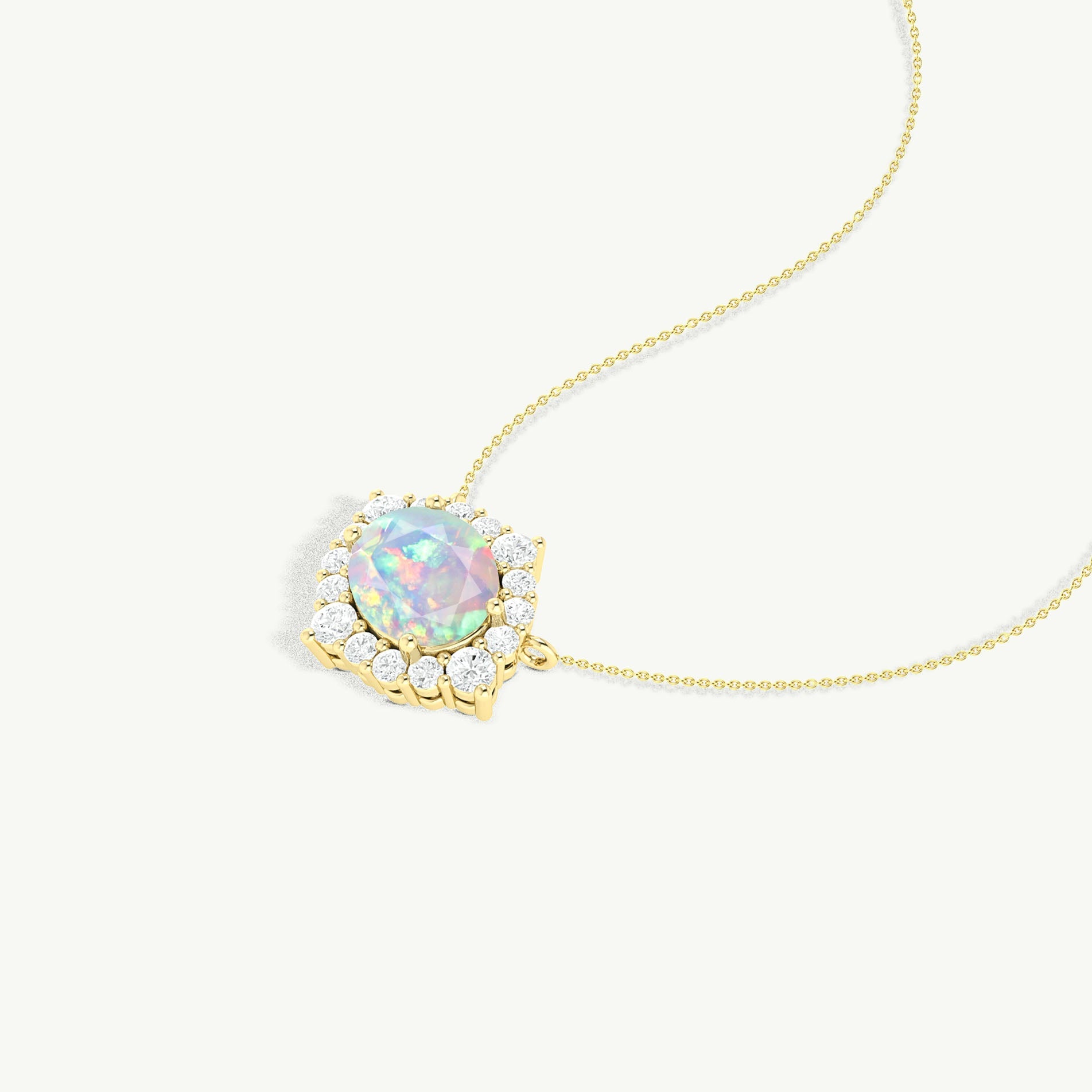 Oval Shape Natural White Opal with Zircon Halo Pendant Chain Necklace - Goodstone Jewels