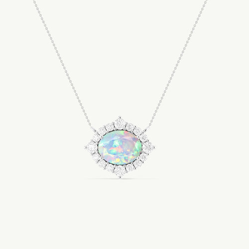 Oval Shape Natural White Opal with Zircon Halo Pendant Chain Necklace