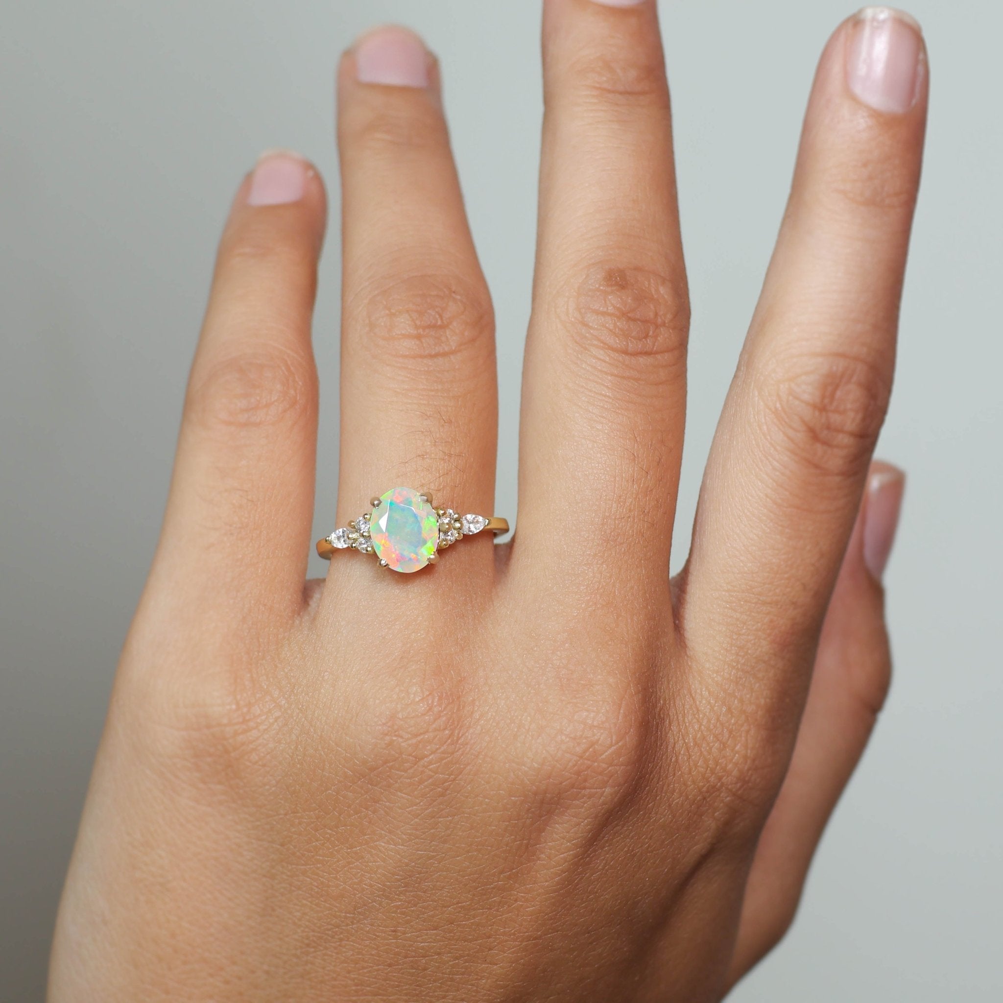 Oval Shape Natural White Opal & Zircon Solitaire with Accents Ring - Goodstone Jewels