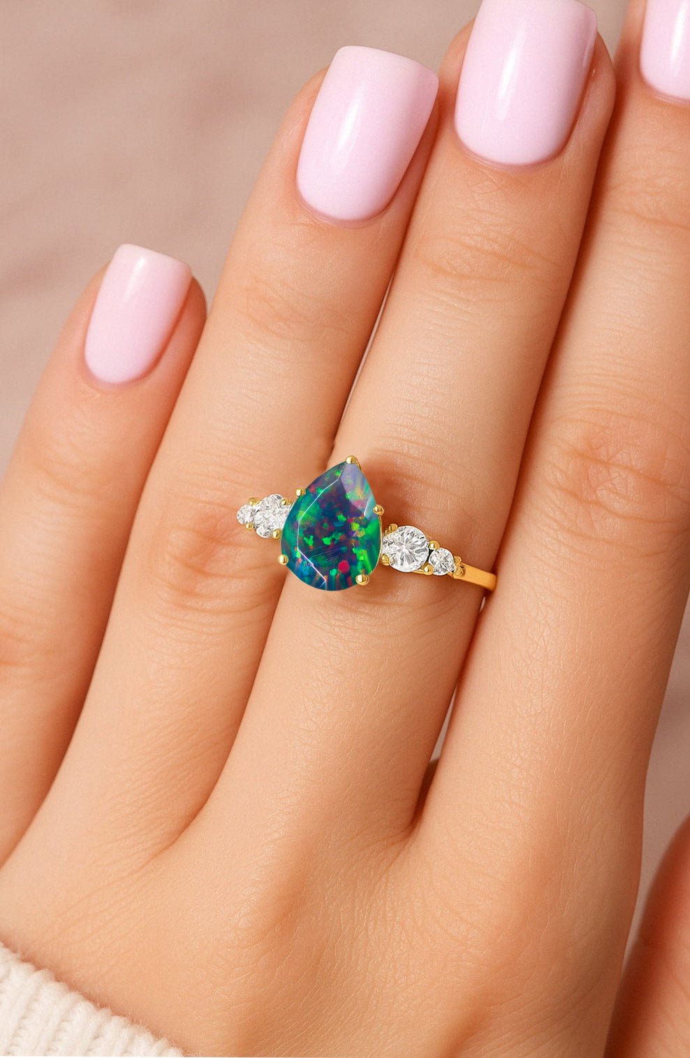 Pear Shape 7X5MM Natural Fire Black Opal Statement Ring - Goodstone Jewels