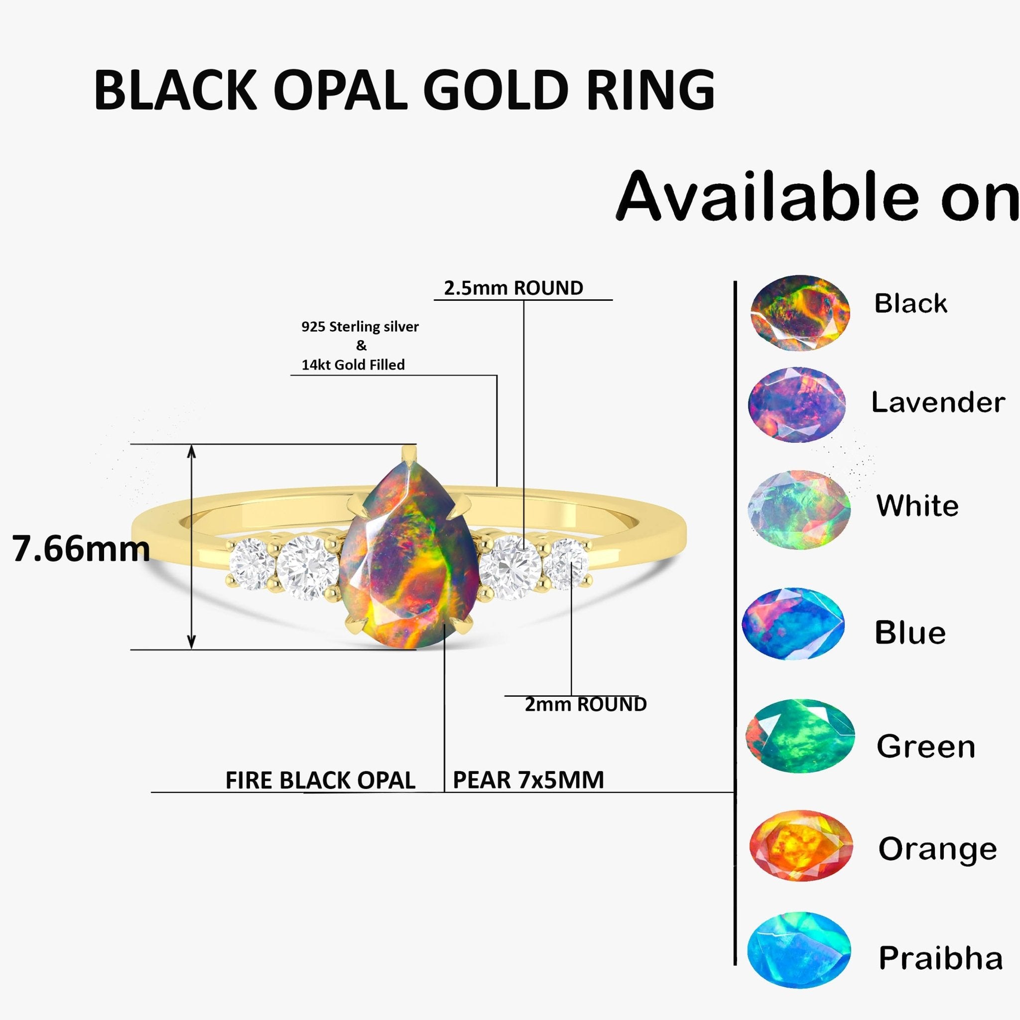 Pear Shape 7X5MM Natural Fire Black Opal Statement Ring - Goodstone Jewels