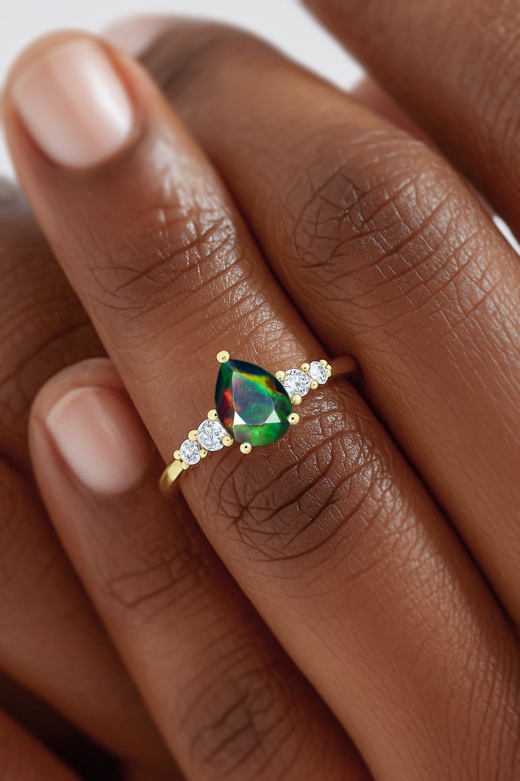 Pear Shape 7X5MM Natural Fire Black Opal Statement Ring - Goodstone Jewels