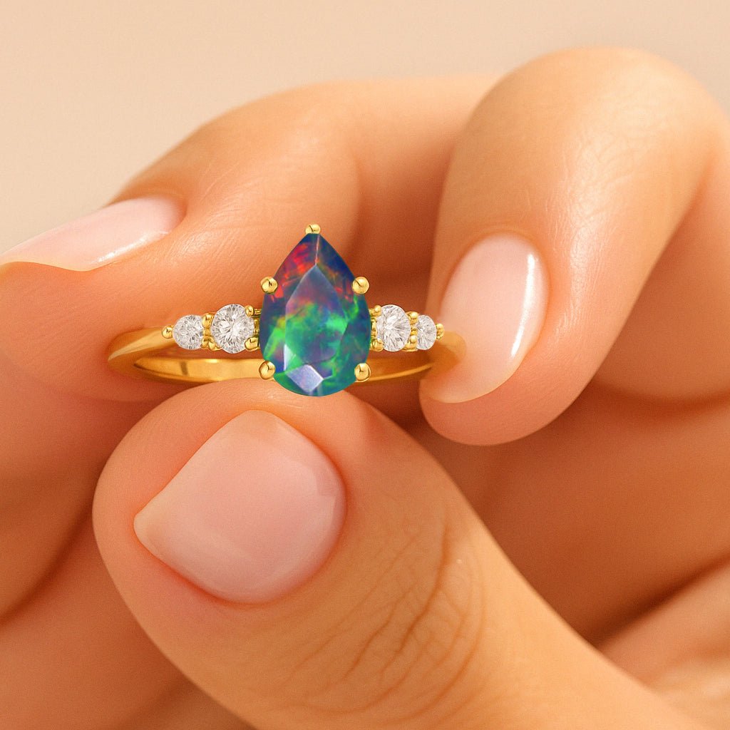 Pear Shape 7X5MM Natural Fire Black Opal Statement Ring - Goodstone Jewels