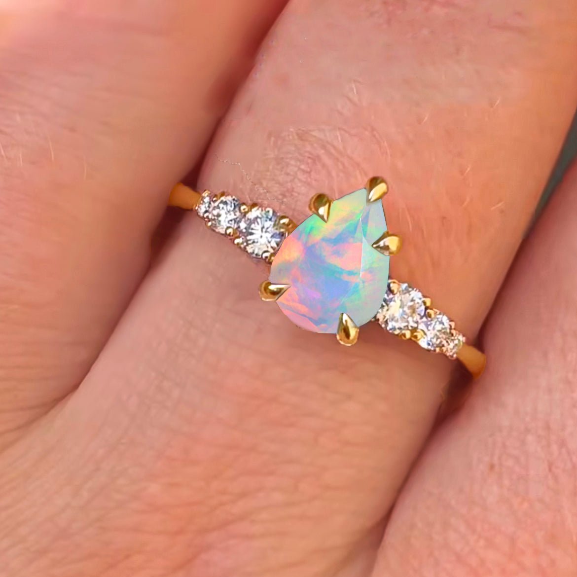 Pear Shape 7X5MM Natural Fire White Opal Statement Ring - Goodstone Jewels