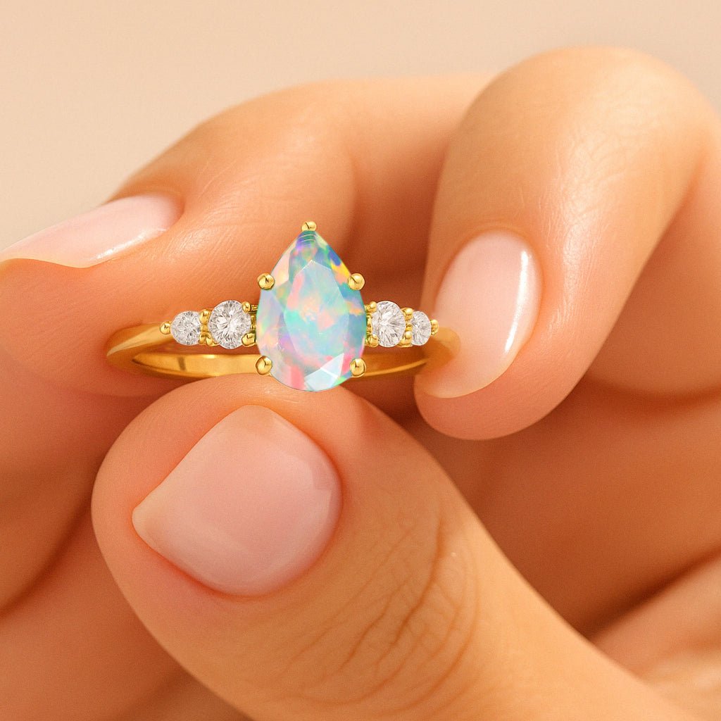 Pear Shape 7X5MM Natural Fire White Opal Statement Ring - Goodstone Jewels