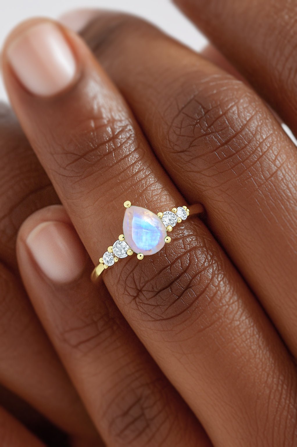 Pear Shape 7X5MM Natural Rainbow Moonstone Statement Ring - Goodstone Jewels
