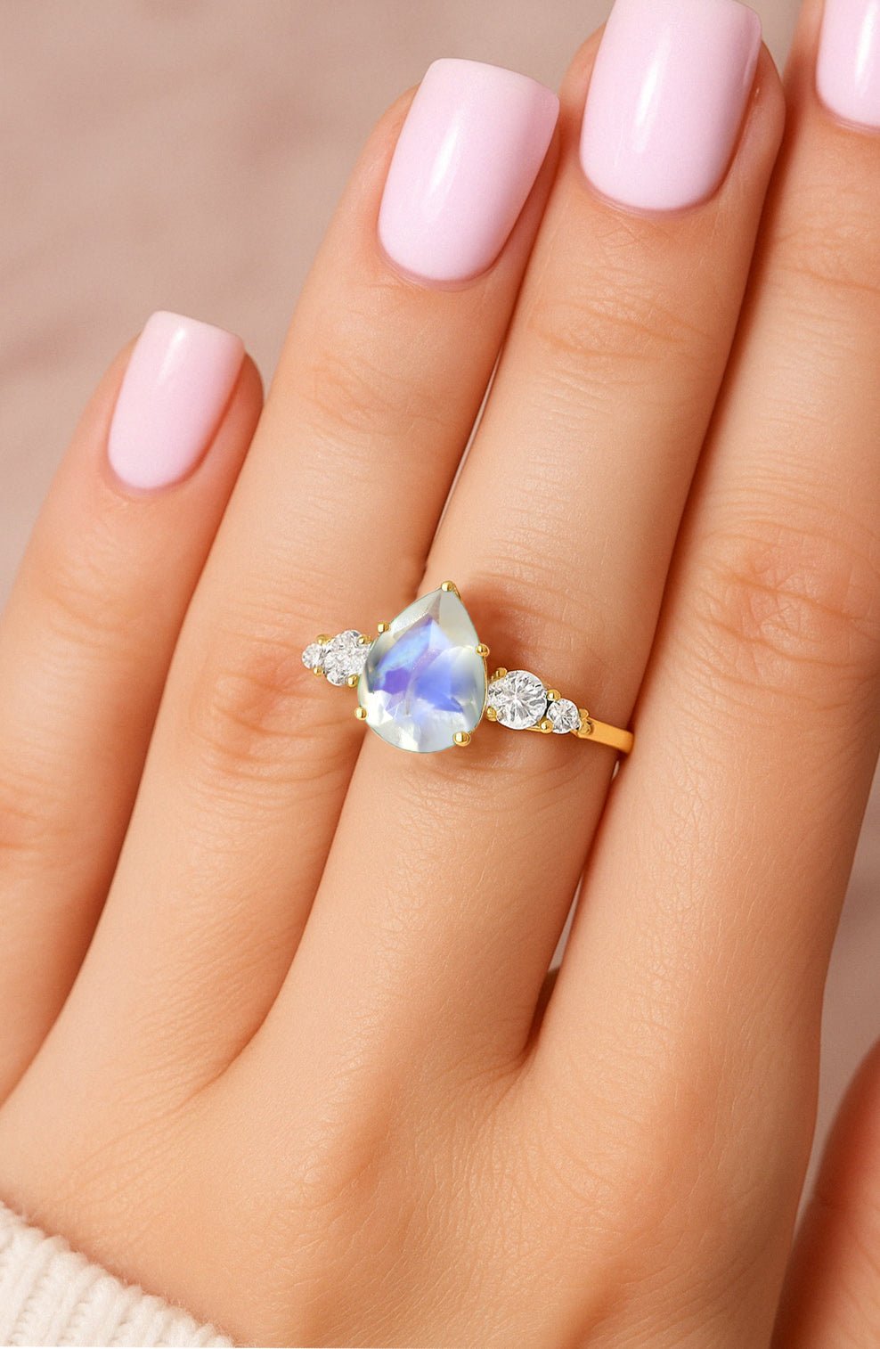 Pear Shape 7X5MM Natural Rainbow Moonstone Statement Ring - Goodstone Jewels