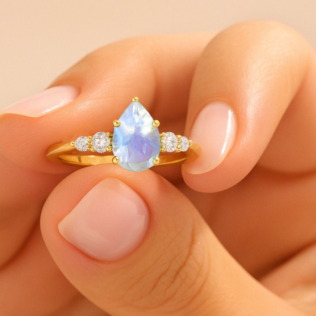 Pear Shape 7X5MM Natural Rainbow Moonstone Statement Ring - Goodstone Jewels