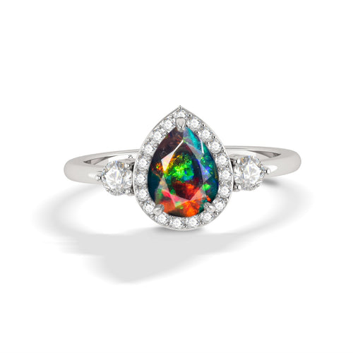 Pear Shape Faceted Natural Black Opal Halo Ring