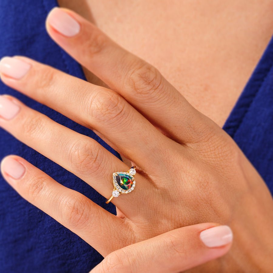 Pear Shape Faceted Natural Black Opal Halo Ring - Goodstone Jewels
