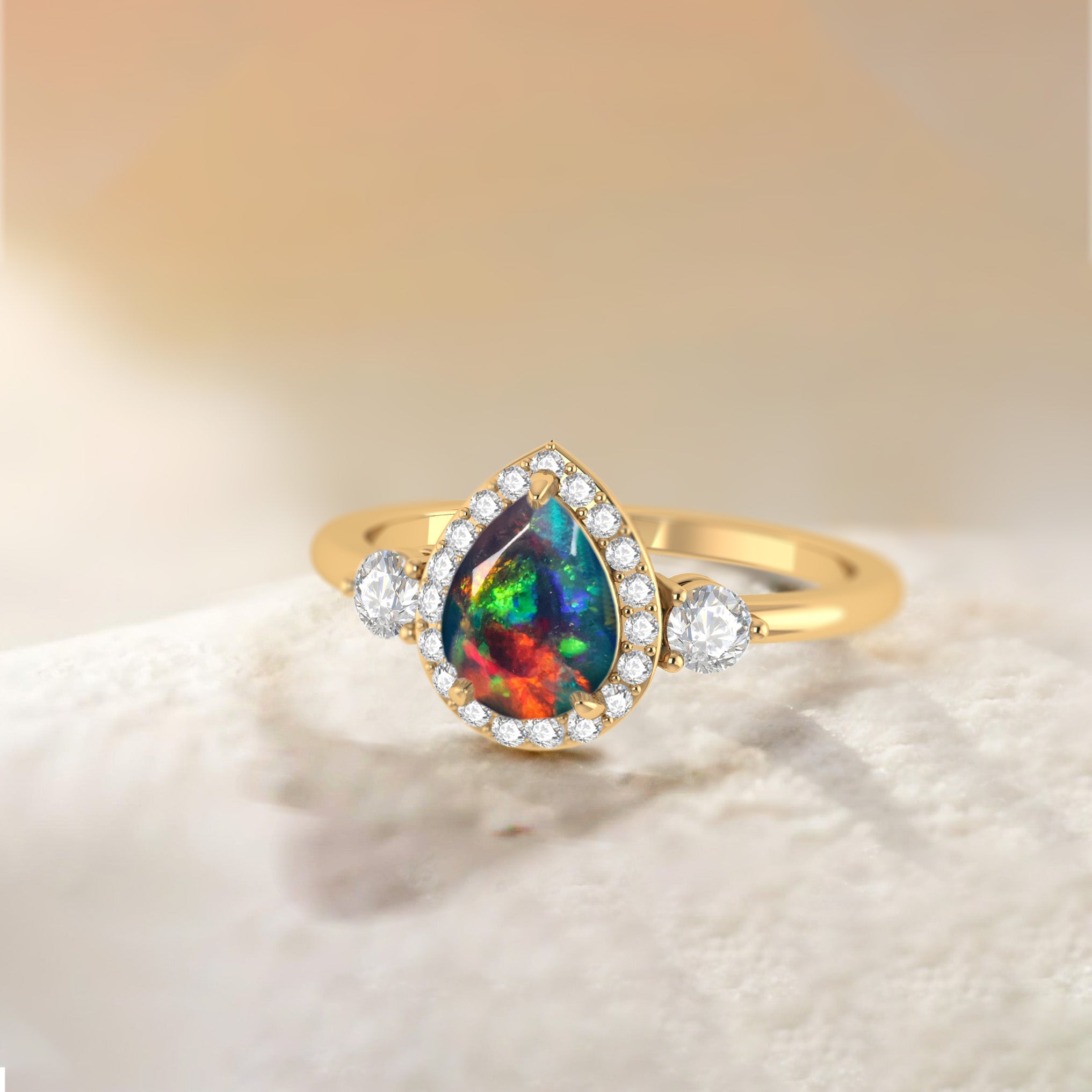 Pear Shape Faceted Natural Black Opal Halo Ring - Goodstone Jewels