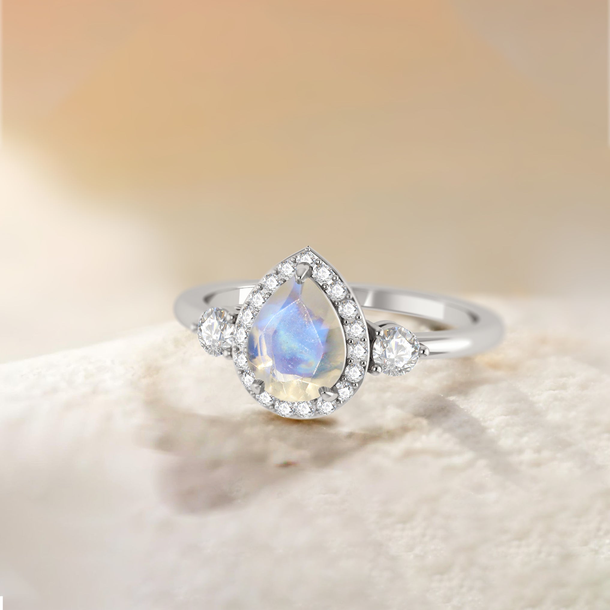 Pear Shape Faceted Natural Moonstone Halo Ring - Goodstone Jewels