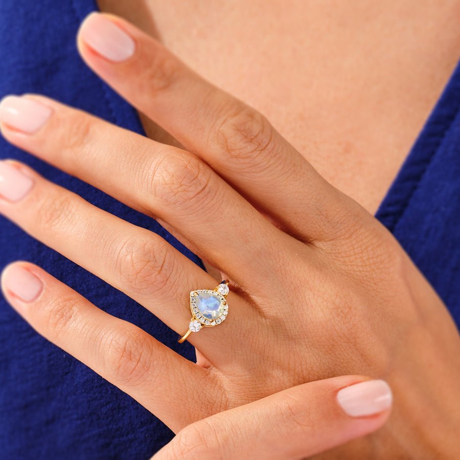Pear Shape Faceted Natural Moonstone Halo Ring - Goodstone Jewels