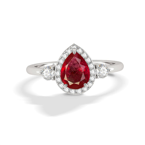 Pear Shape Faceted Natural Ruby Halo Ring