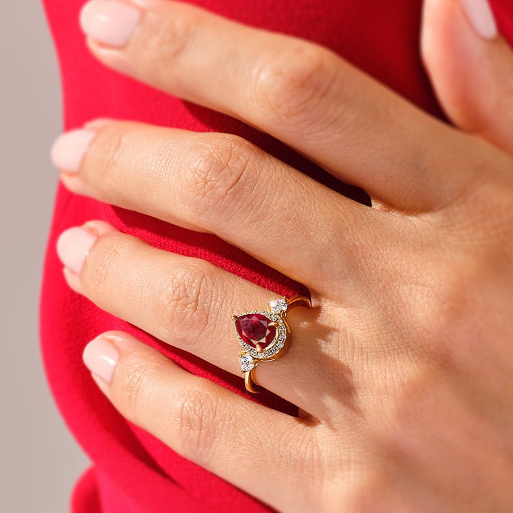 Pear Shape Faceted Natural Ruby Halo Ring - Goodstone Jewels