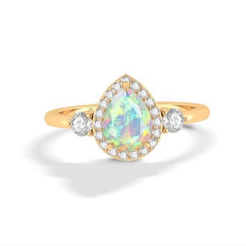 Pear Shape Faceted Natural White Opal Halo Ring