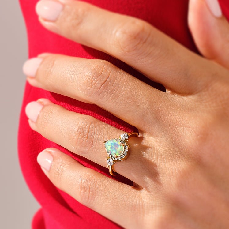 Pear Shape Faceted Natural White Opal Halo Ring - Goodstone Jewels