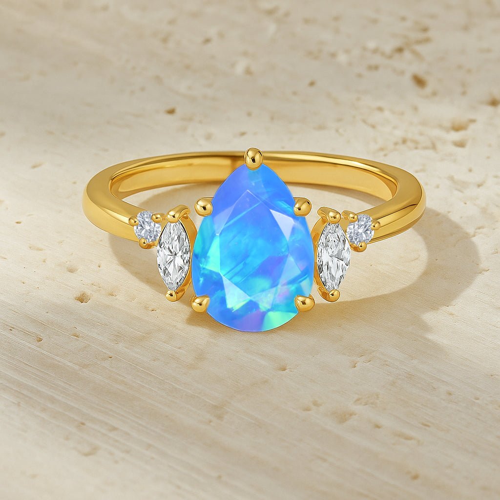 Pear Shape Fire Blue Opal Solitaire Ring with Cubic Zironia - Goodstone Jewels
