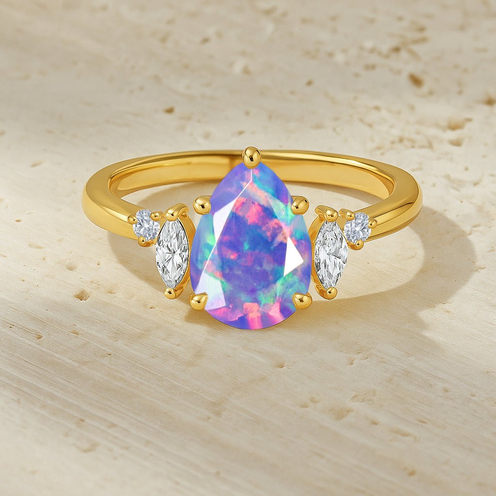 Pear Shape Fire Lavender Opal Solitaire Ring with Cubic Zironia - Goodstone Jewels