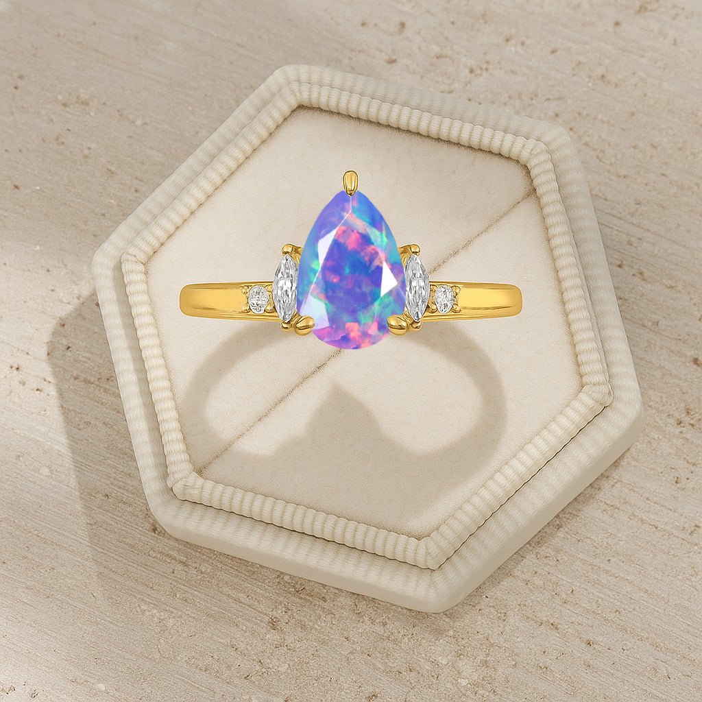 Pear Shape Fire Lavender Opal Solitaire Ring with Cubic Zironia - Goodstone Jewels