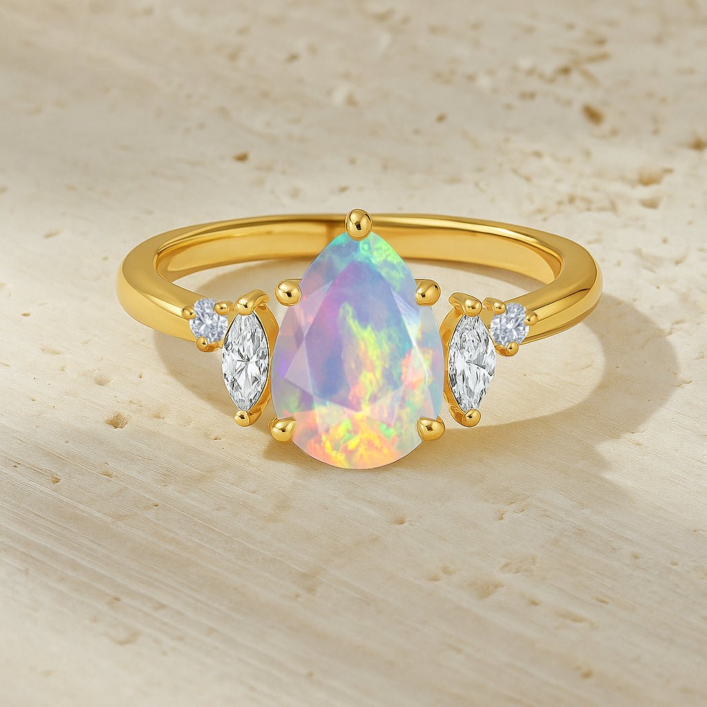 Pear Shape Fire White Opal Solitaire Ring with Cubic Zironia - Goodstone Jewels