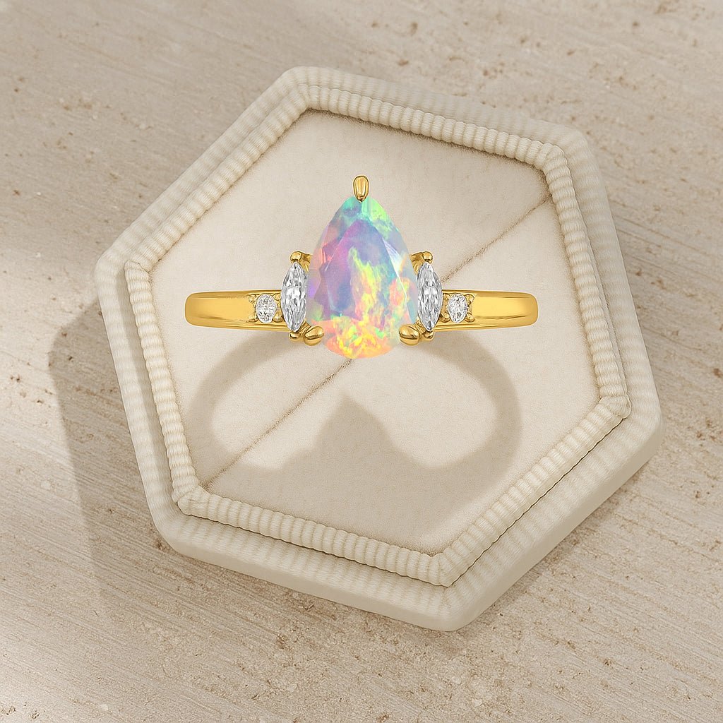 Pear Shape Fire White Opal Solitaire Ring with Cubic Zironia - Goodstone Jewels