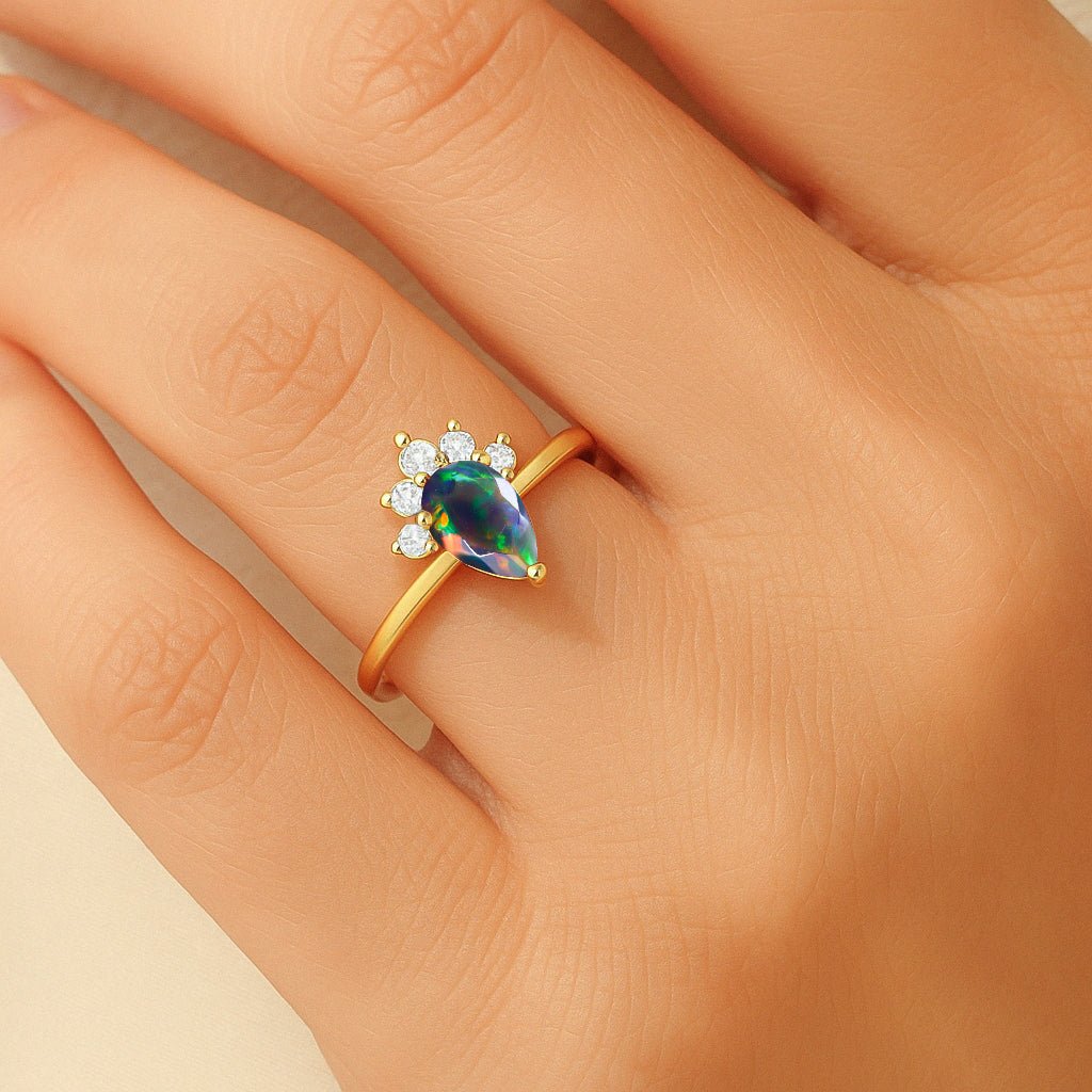 Pear Shape Natural Black Opal and White Zircon Floral Ring - Goodstone Jewels