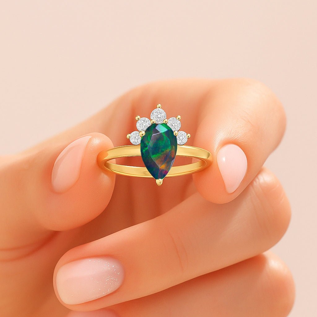 Pear Shape Natural Black Opal and White Zircon Floral Ring - Goodstone Jewels
