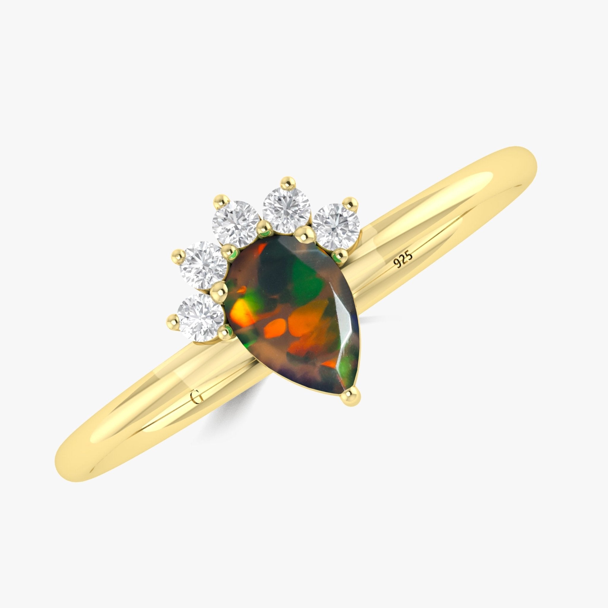 Pear Shape Natural Black Opal and White Zircon Floral Ring - Goodstone Jewels