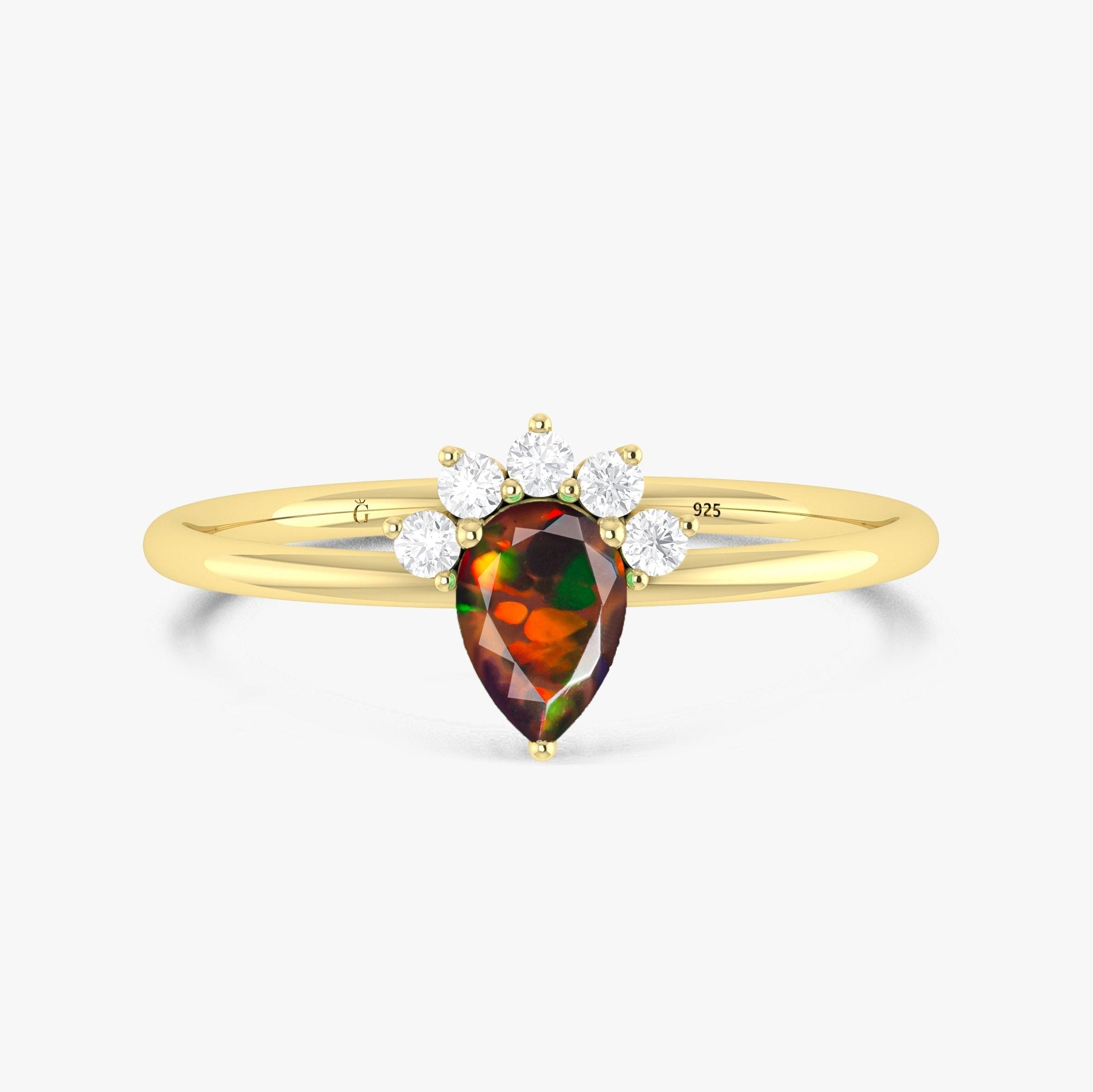 Pear Shape Natural Black Opal and White Zircon Floral Ring - Goodstone Jewels