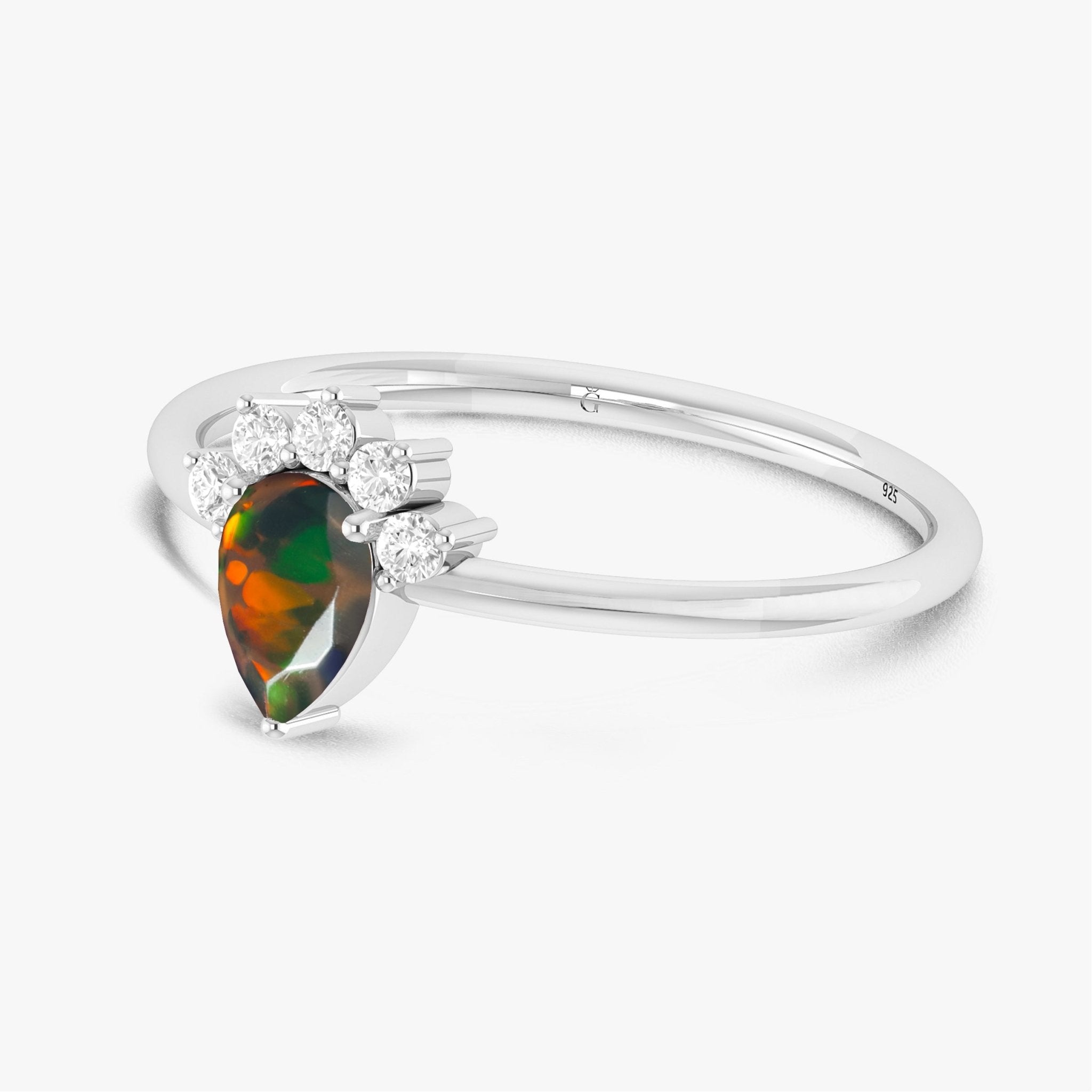 Pear Shape Natural Black Opal and White Zircon Floral Ring - Goodstone Jewels