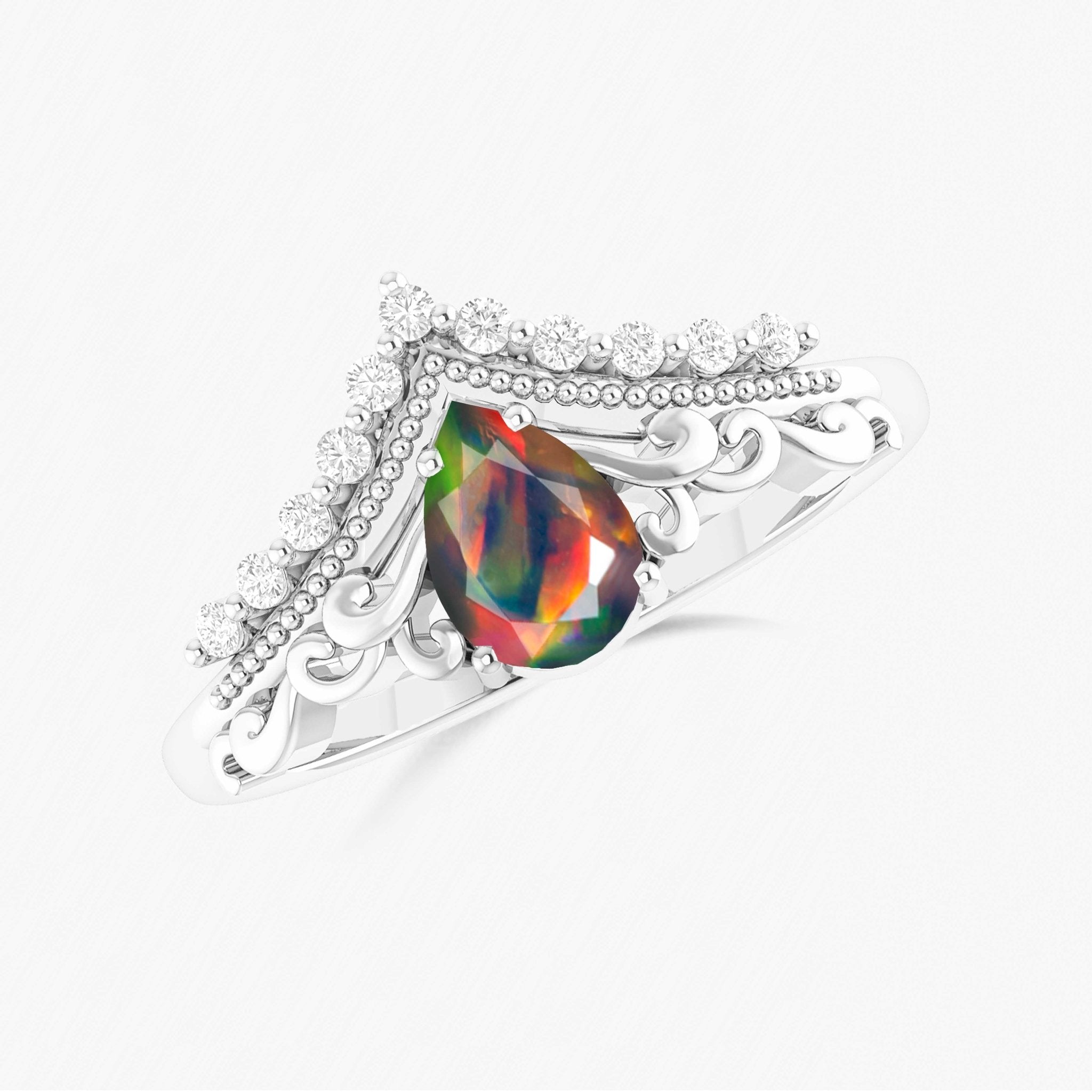 Pear Shape Natural Black Opal Crown Style Wishbone Ring - Goodstone Jewels