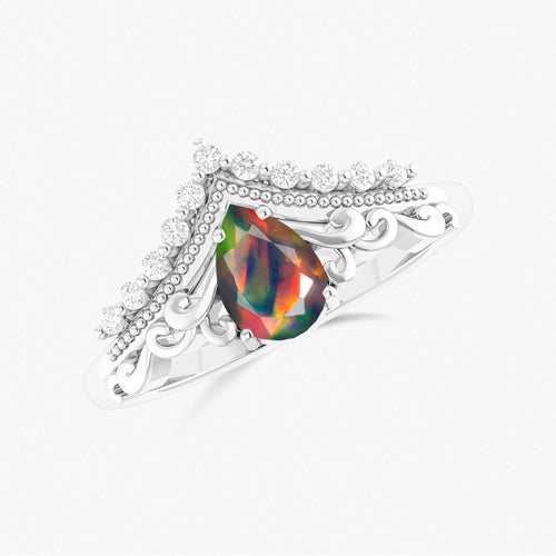 Natural Black Opal Wishbone Ring in Crown Style