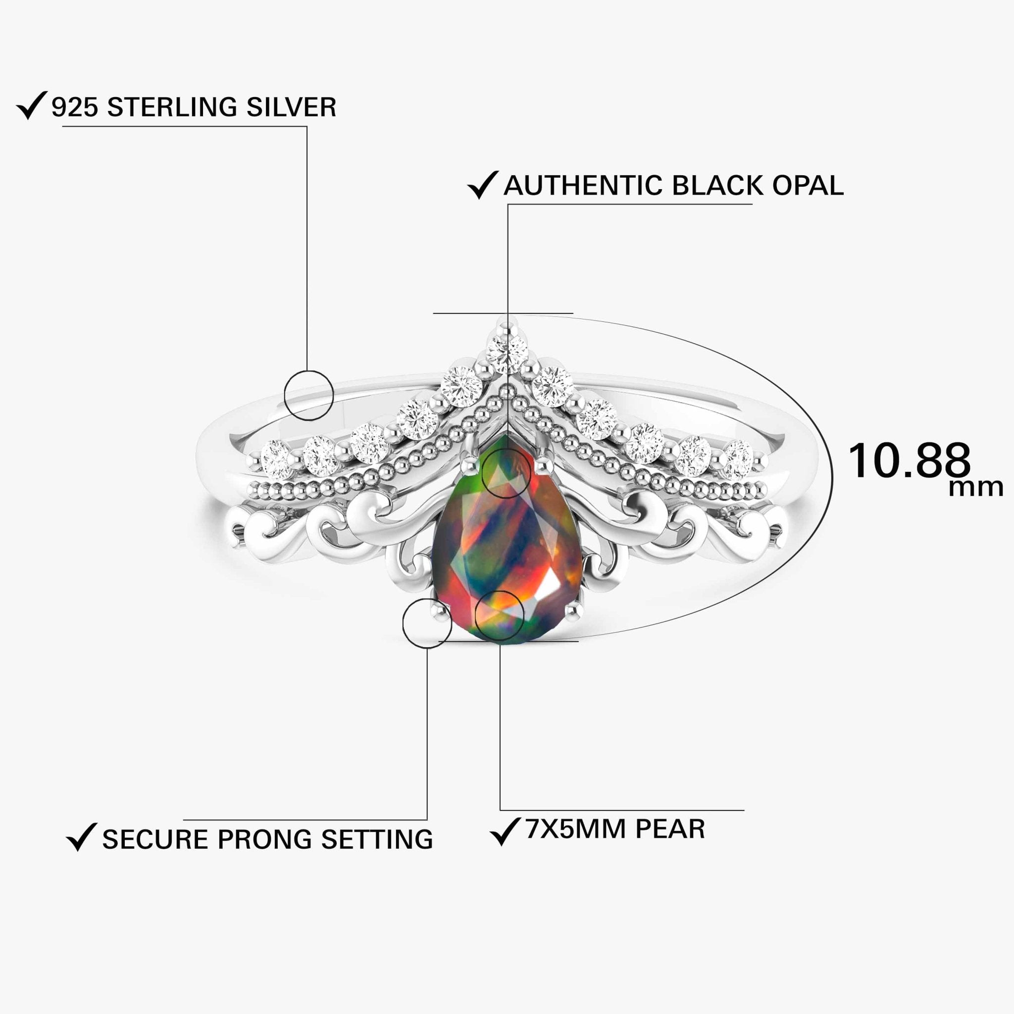 Pear Shape Natural Black Opal Crown Style Wishbone Ring - Goodstone Jewels