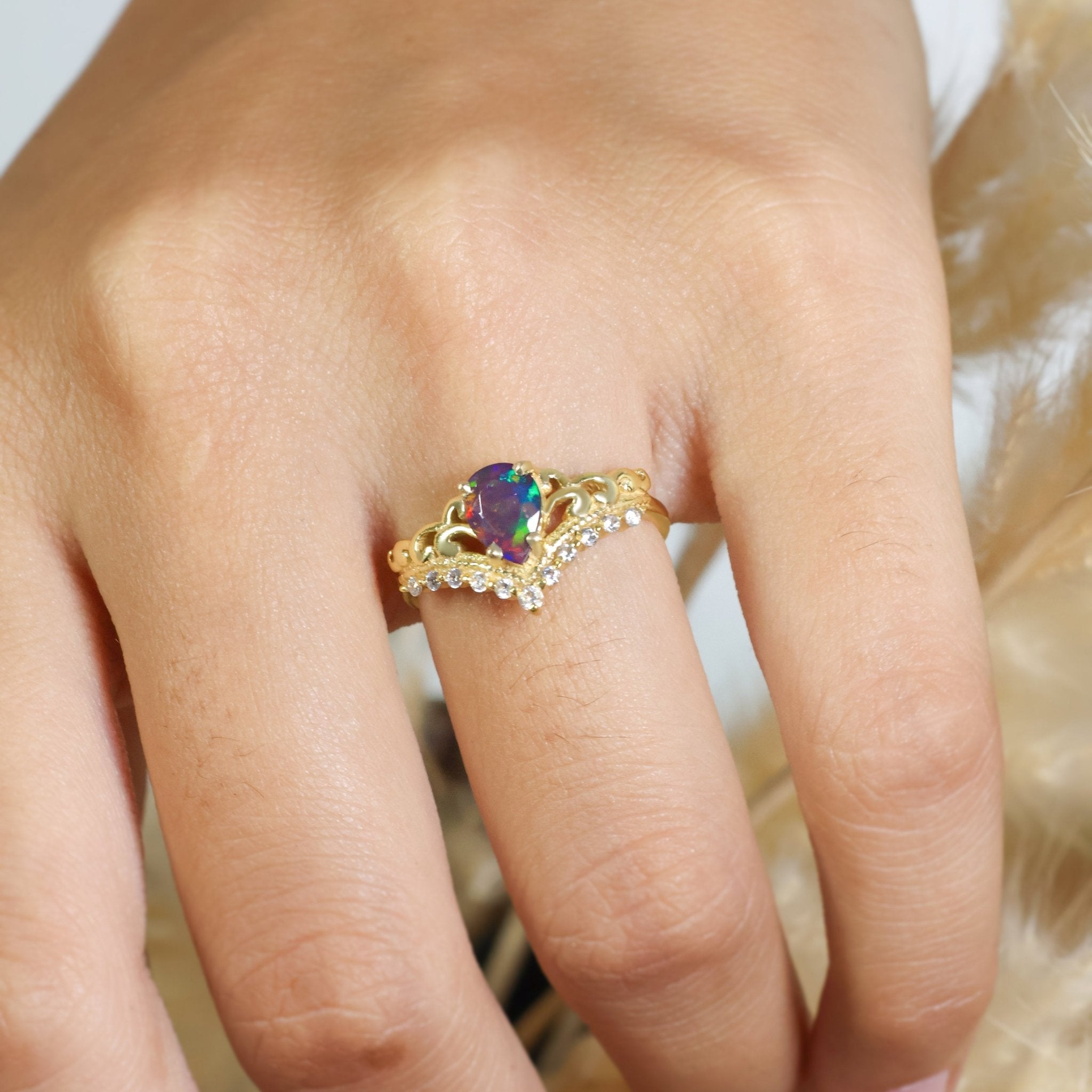 Pear Shape Natural Black Opal Crown Style Wishbone Ring - Goodstone Jewels