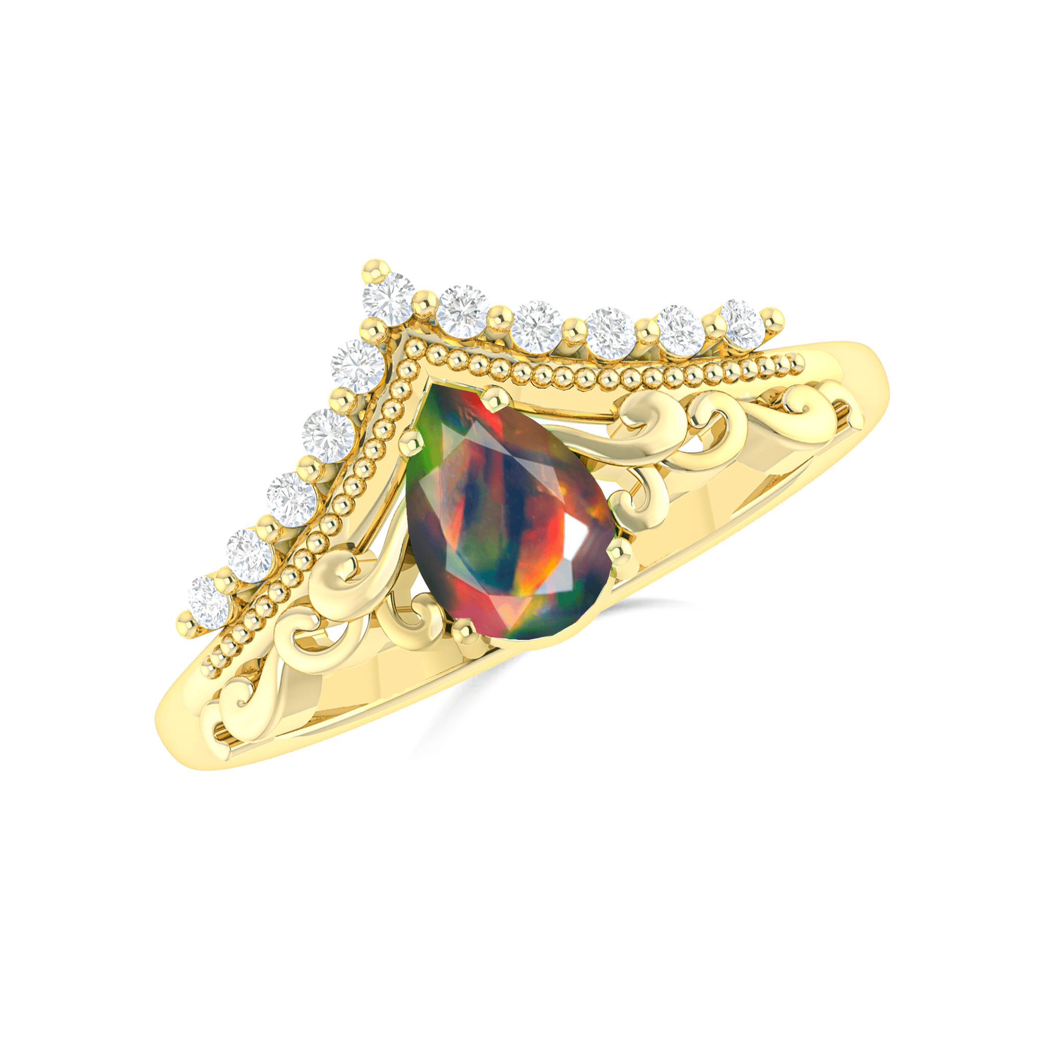 Pear Shape Natural Black Opal Crown Style Wishbone Ring - Goodstone Jewels