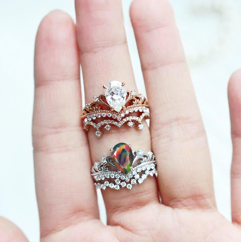 Pear Shape Natural Black Opal Crown Style Wishbone Ring - Goodstone Jewels