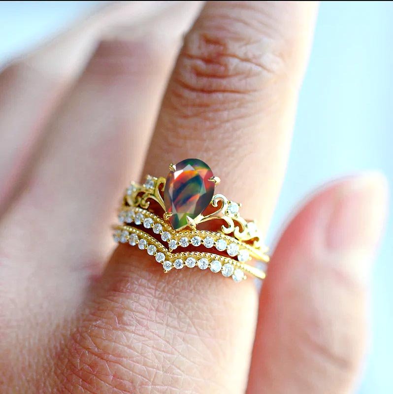 Pear Shape Natural Black Opal Crown Style Wishbone Ring - Goodstone Jewels