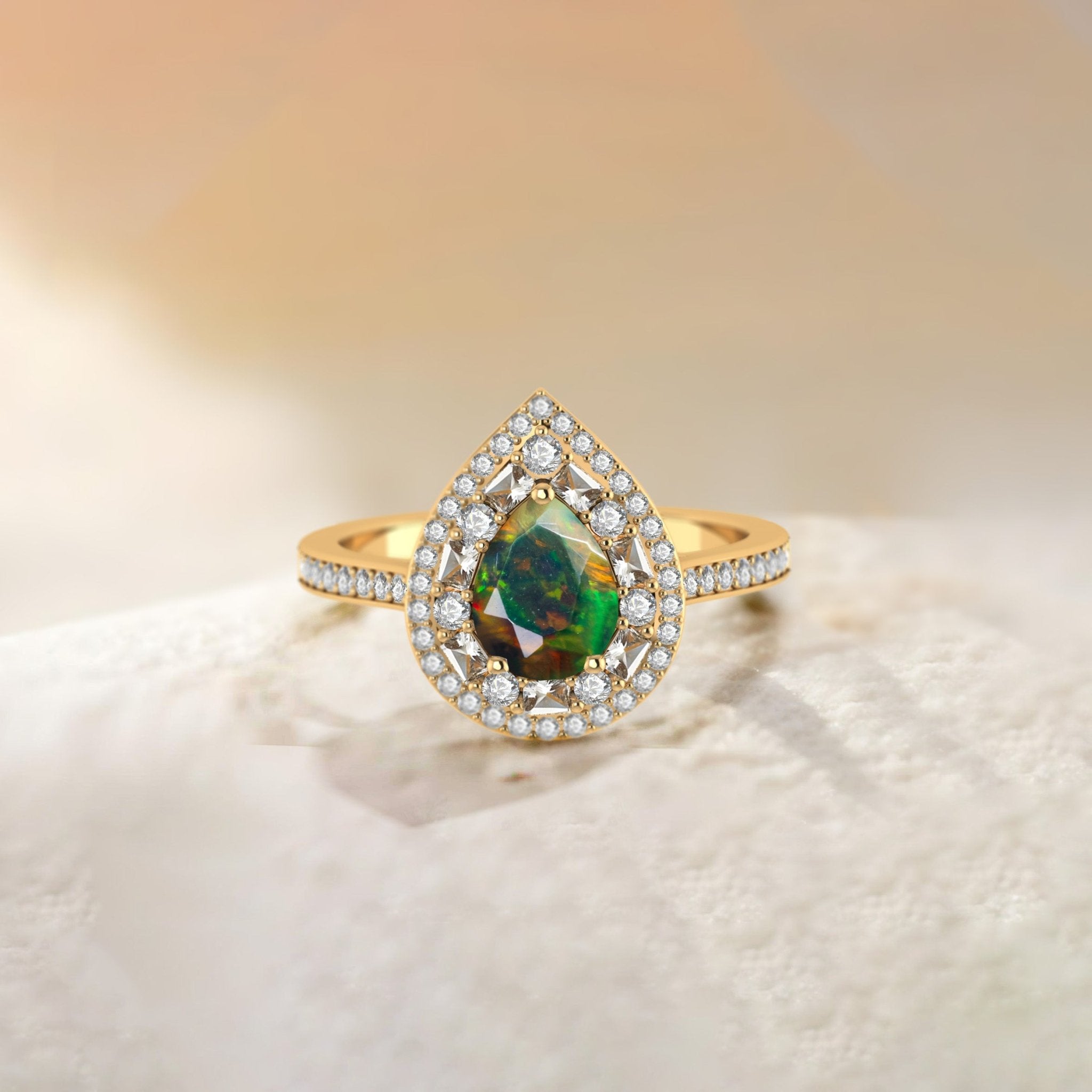 Pear Shape Natural Black Opal Statement Halo Ring - Goodstone Jewels